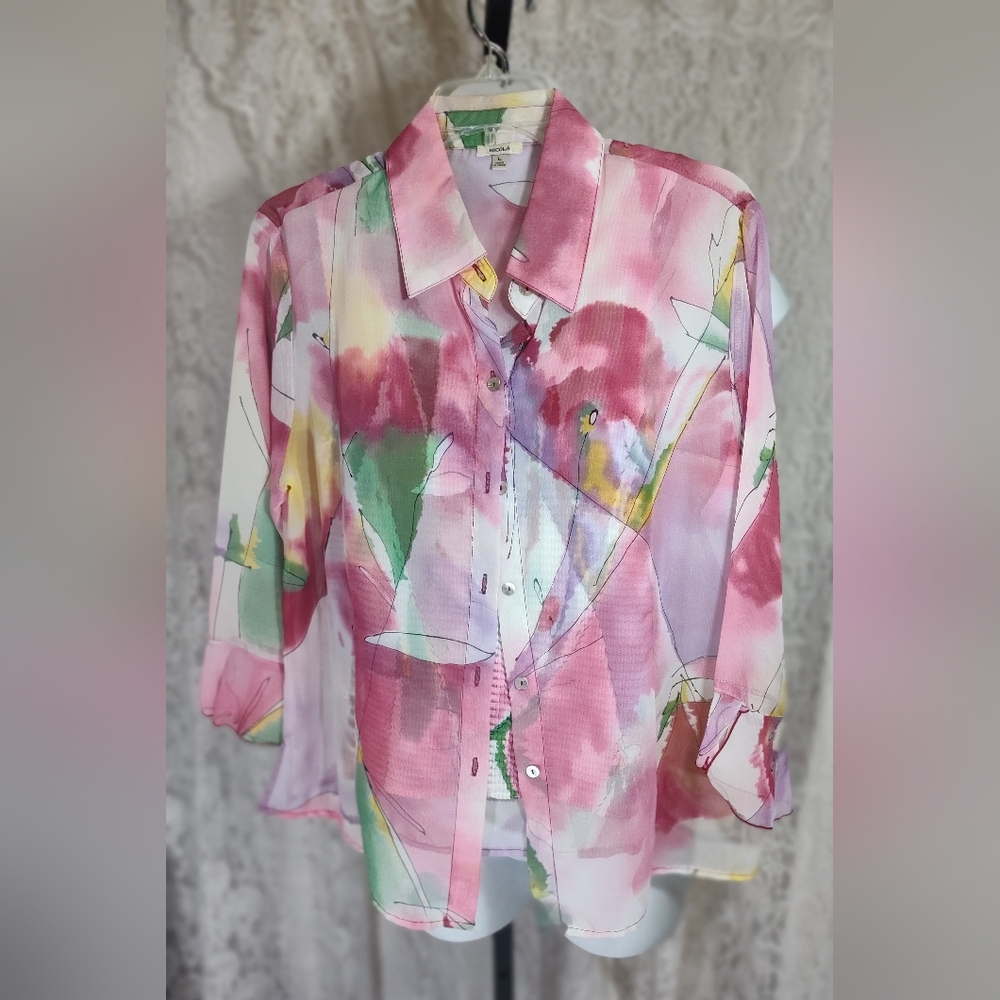 NICOLA Abstract Pink and Green Button Down Shirt And Matching Tank Set NWOT